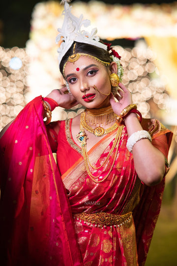 Red Silver Gold Buti Banarasi Saree